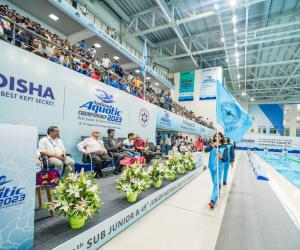 Opening ceremony of 39th Sub Junior and 49th Junior National Aquatic Championships 2023 at the  indoor Aquatic Centre, Kalinga Stadium.