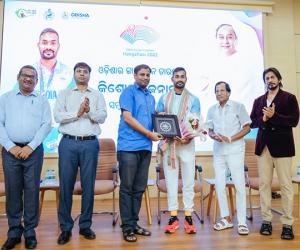 Odisha Sports Minister felicitates Kishore Jena for Asian Games success