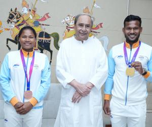 CM Naveen Patnaik felicitates Hockey stars Amit Rohidas and Deep Grace Ekka for their performance at the Asian Games